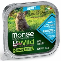 Monge Cat BWild GRAIN FREE беззерновые консервы из анчоусов с овощами для взрослых кошек 100г
